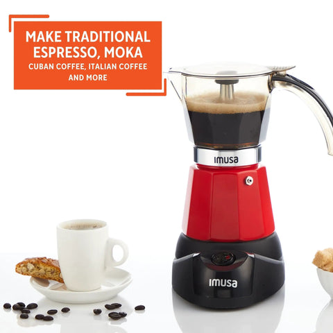 Kickstart Your Day With This Dope Compact Electric Espresso Coffee Maker Featuring A Seriously Cool Touch Handle And Versatile 3 6 Cup Capacity For Quick Perky Shots In Bold Red on kitchen counter with brewed coffee and snacks.