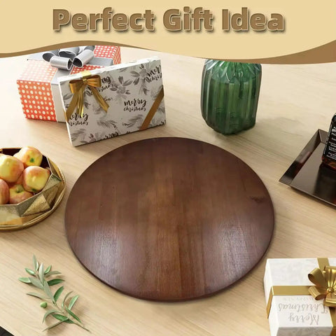 24 Inch Round Wooden Lazy Susan Turntable in dark wood finish with gift boxes on a wooden table, perfect kitchen gift idea.