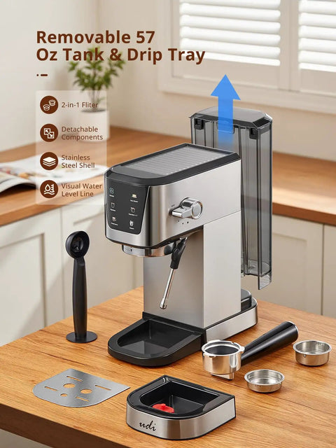 Top Shelf Automatic Espresso Coffee Maker With 20 Bar Pressure And Glowing Touchscreen Panel Offering Zero Fuss One Button Operation For Crisp Americanos Silky Milk Froth And Quick Steam Power For Your Daily Grind Now, featuring a removable 57 oz tank and drip tray.