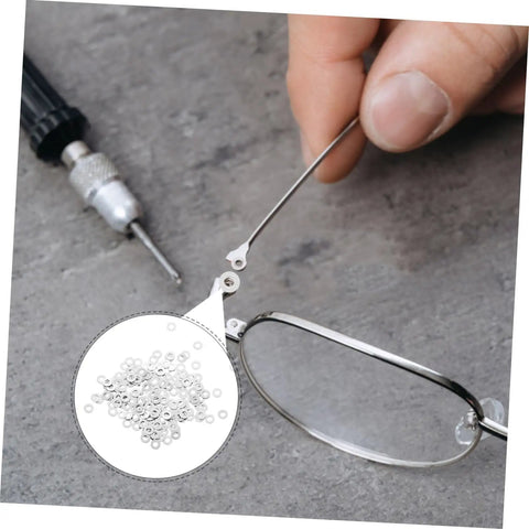 Metal Flat Washers For Eyeglasses Replacement Gaskets Rimless Glasses Quick Repair Kit For Sunglasses And Eyeglass Frames Includes 200 Pieces Durable And Strong Support Great For Rimless Eyewear Repairs Frames Sunglasses And Quick On The Go Fixes close-up with tool and washers