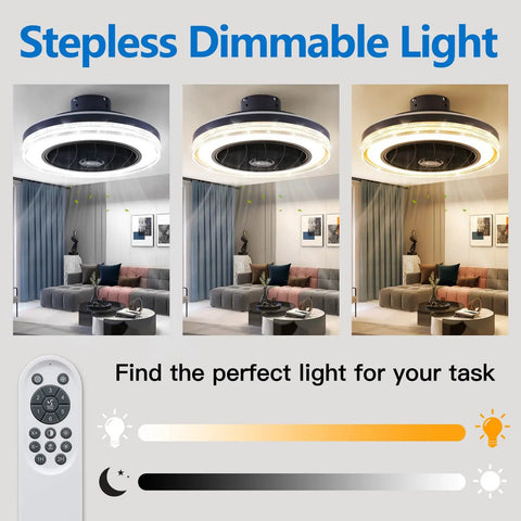 Bladeless Ceiling Fan With Lights Remote Control 21 Inch 3 Color Options in living room with dimmable light settings