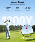 Golfer on course using Pocket Size Golf Range Finder With 1200 Yards, Slope Switch, 7X Magnification, background forest view.