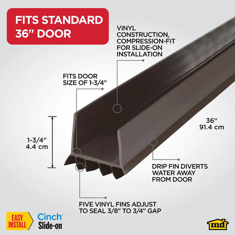 Vinyl Cinch U Shape Door Bottom Seal Slide On Weather Stripping Draft Stopper Easy Install Fits 36 Inch By One And Three Quarter Inch Doors Fills Gaps From Three Eighth To Three Quarter Inch Brown, showing product dimensions and features