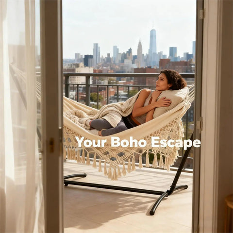 Person relaxing on a beige Double Hammock With Macrame Cotton Boho Chic Outdoor Lounge Portable For Camping Patio Backyard Indoor Outdoor 485 Lbs Capacity with city view.