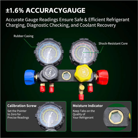 Heavy Duty One Third Hp Hvac Vacuum Pump And Four Way Ac Manifold Gauge Kit With Digital Leak Detector For R134a R410a Auto Ac Service That Gets The Job Done No Sweat, showing gauges and calibration features.