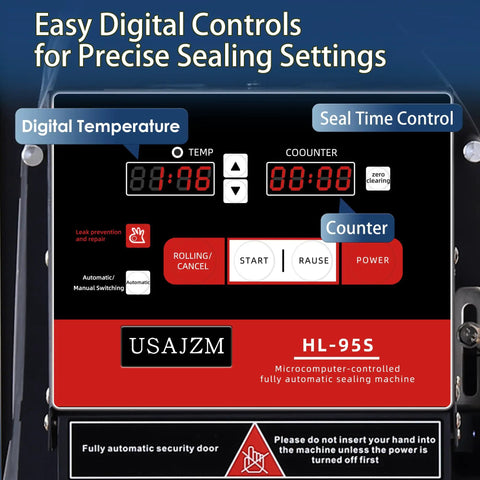 Close-up of LCD control panel on Fully Automatic Electric Cup Sealer With LCD Control Panel Beast Throughput Seals 500 To 600 Cups Per Hour For 90mm And 95mm Bubble Boba Milk Tea And Coffee Cups Ideal For Busy Shops, showing digital temperature and counter features.