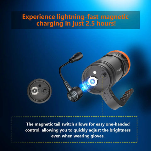 Ultra Bright 5000 Lumens Cordless Dive Light With 9 Degree Focused Beam Four Modes Magnetic Charging 150 Meter Waterproof Flashlight