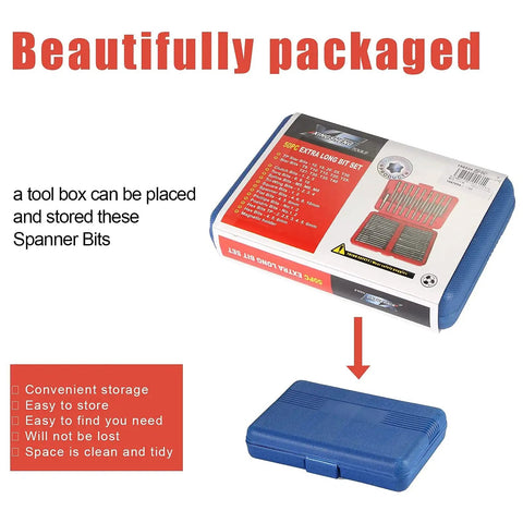 50 Piece Screwdriver Bit Set With Case And Extra Long Magnetic Driver Kit in blue storage box with packaging details