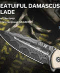 Indie Folding Pocket Knife With 3.48 Inch Damascus Blade Flipper Action Ultra Grippy CNC Milled Handle For A Secure Non Slip Grip Everyday Carry EDC For Men Who Demand Sharp Performance, close-up blade
