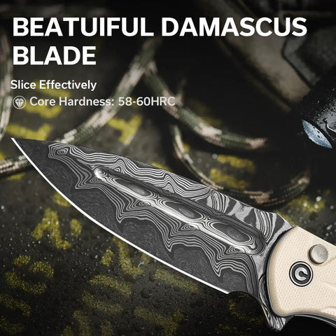 Indie Folding Pocket Knife With 3.48 Inch Damascus Blade Flipper Action Ultra Grippy CNC Milled Handle For A Secure Non Slip Grip Everyday Carry EDC For Men Who Demand Sharp Performance, close-up blade