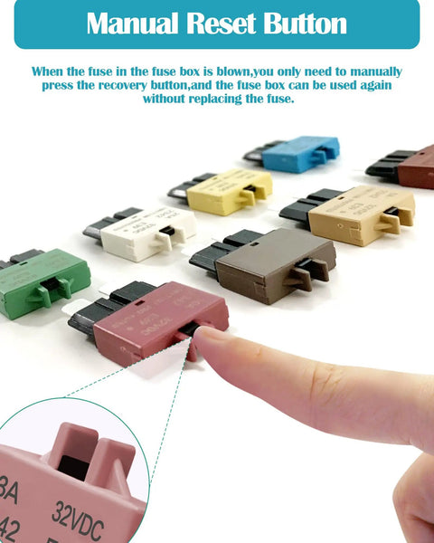 Plug And Play Manual Reset Fuse Block Kit With 3A 5A 7A 10A 15A 20A 25A 30A Blade Fuses In A 32V DC Assortment For Boats, Trucks, SUVs And Motorcycles With Marine Grade Protection And Quick Reset, manual reset button close-up