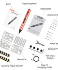 Badass Eighteen Thousand To Thirty Eight Thousand Rpm Rotary Carving Pen With Usb C Charger And A Full Forty One Piece Setup including engraving pen, stencils, and bits.