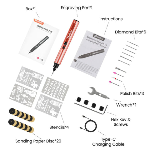 Badass Eighteen Thousand To Thirty Eight Thousand Rpm Rotary Carving Pen With Usb C Charger And A Full Forty One Piece Setup including engraving pen, stencils, and bits.