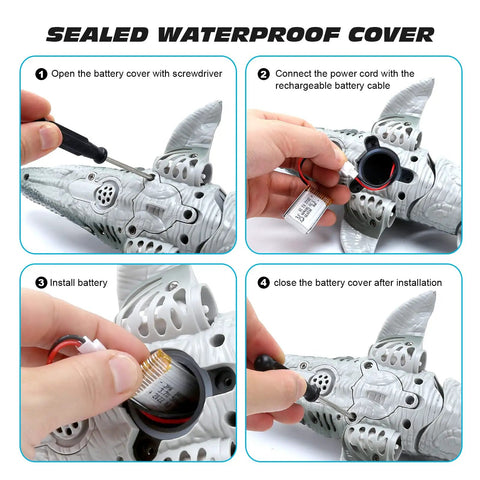 Step-by-step installation of the battery for Remote Control Mosasaurus Vs Shark Dino Toy For Kids 3 4 5 6 7 With Light And Water Spray.