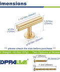 6-Pack Solid Brass Cabinet Pulls In Brushed Gold Finish, Single Hole Centers, 50mm Length, 12mm Width, Dimensions Diagram
