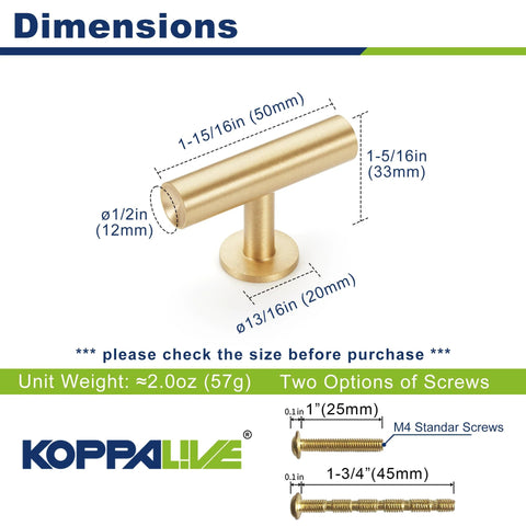 6-Pack Solid Brass Cabinet Pulls In Brushed Gold Finish, Single Hole Centers, 50mm Length, 12mm Width, Dimensions Diagram