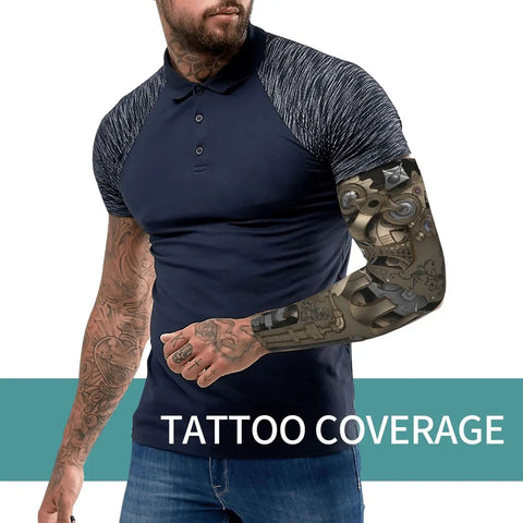 Steampunk Mechanical Gear Arm Sleeves Serve Up Top Shelf UV Sunblocking Shade And Cooling Compression For Weekend Warriors Hunting Chill Vibes On Road Trips And Patios worn by a tattooed man.