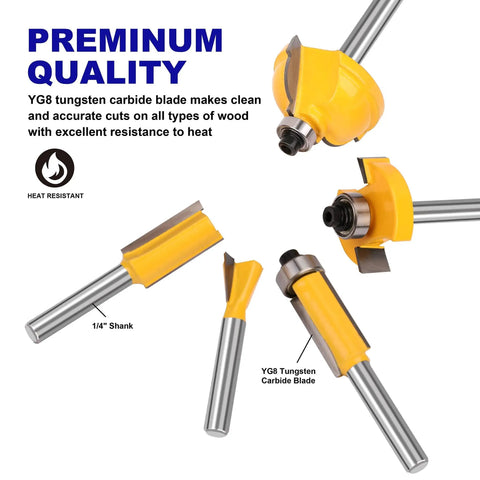 Premium Tungsten Carbide Router Bits Set 35 Piece Kit with various bits highlighted