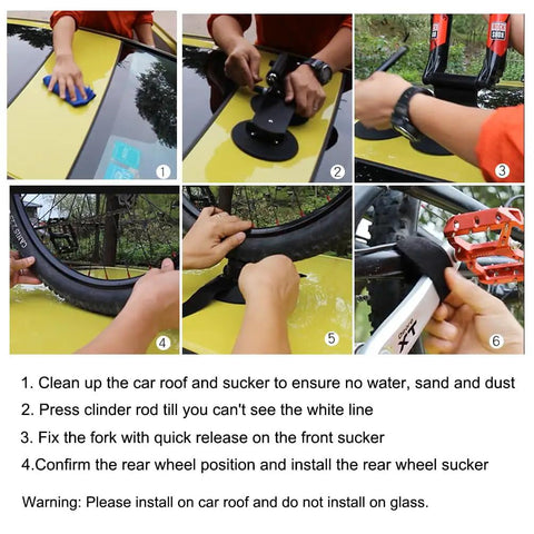 Step-by-step installation of Suction Cup Car Roof Bike Rack With Quick Release on a yellow car roof.