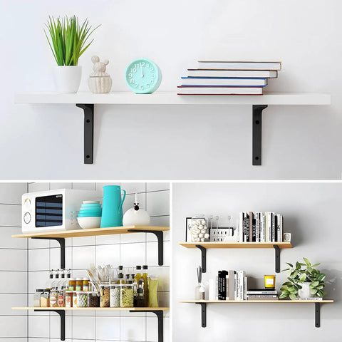 Rock Solid Metal Shelf Brackets Four Inch Square Design with heavy-duty support for kitchen and living room shelves and decor.