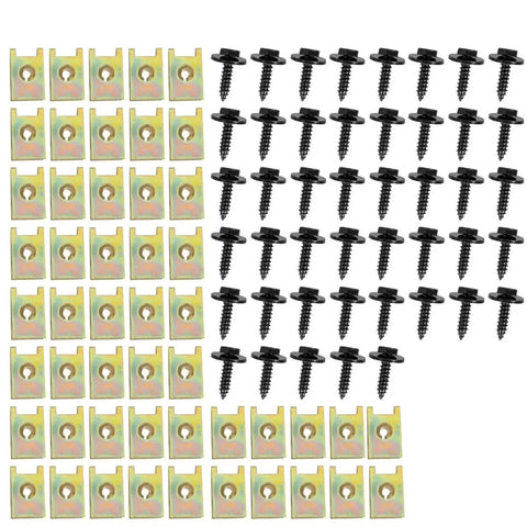 Beefy Heavy Duty Metal Car U Nut Clip Fastener Kit 200 Piece Set For Bumpers And Body Panels Retainer Clips For Fender Trim And Door Panels Splash Shield Manganese Steel Built To Last Durable Auto Fasteners, assorted U-nut clips and black screws