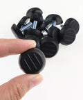 Set Of Twelve Adjustable Furniture Levelers With 1/4 20 Unc Thread Table Feet And Chair Glides To Fix Wobbly Legs In No Sweat Fashion For A Butter Smooth Ride And Zero Wobble Everyday, showing black rubber feet and metal screws.