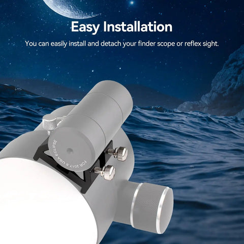 Universal Dovetail Base Finder Scope Mount Bracket for Installing a Finder Scope on an Optical Telescope shown attached with moonlit sky background
