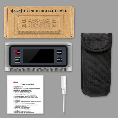 Top Shelf Digital Angle Finder Protractor Offering Dead On Precision Zero To 360 Degrees with digital level display and accessories.