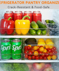 Six Pack Clear Acrylic Drawer Organizer Trays Featuring Non Slip Silicone Pads Large Kitchen Storage Dividers with colorful produce in fridge.