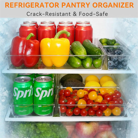 Six Pack Clear Acrylic Drawer Organizer Trays Featuring Non Slip Silicone Pads Large Kitchen Storage Dividers with colorful produce in fridge.