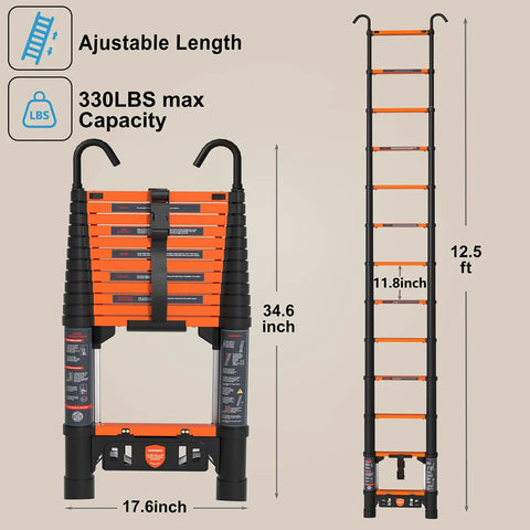 12.5 Foot Telescoping Ladder With Quick Folding Mechanism, Aluminum Extension Ladder For RV Home And Outdoor Use, 330 Lb Max Load, Lightweight Portable Orange, Easy One Step Fold In Seconds, Safe Anti Pinch Design, folded and extended