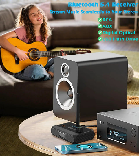 Bluetooth 5.4 Receiver For Home Stereo And RCA Speakers, low latency HD music audio Bluetooth to wired system adapter displayed