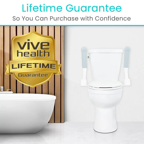 Rock Solid Heavy Duty Toilet Safety Rails With Flip Up Grab Handles Built Like A Tank Support Frame For Seniors And Mobility Aid Durable Steel Wide Base Anti Slip Feet beside a toilet.