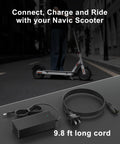 42V Replacement Charger for Electric Scooters 100 to 240V AC Input, 42V 2A Output with 9.8 ft cord shown with scooter