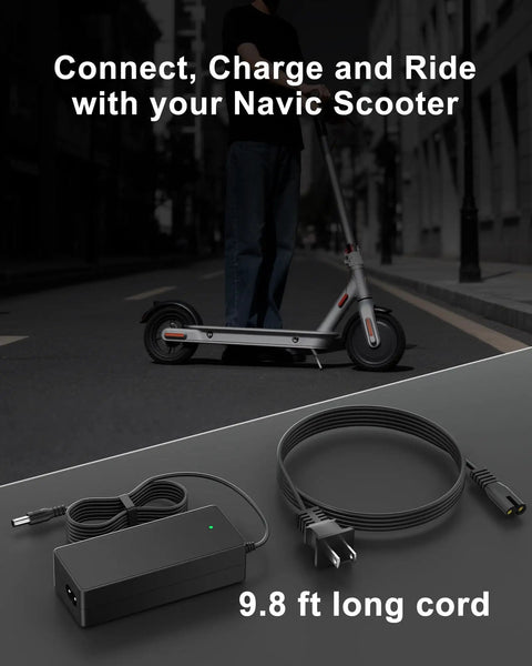 42V Replacement Charger for Electric Scooters 100 to 240V AC Input, 42V 2A Output with 9.8 ft cord shown with scooter