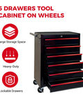 Heavy Duty Rollin Tool Chest With Six Slick Ball Bearing Glides And Scratch Proof Steel Worktop Featuring Locked Swivel Casters For Easy Shop Or Job Site Haulin In Tough Black Powder Coat with six drawers and wheels.