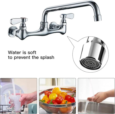 Wall Mount Kitchen Faucet With 8 Inch Center Swivel Spout Dual Handle Heavy Duty Pro Grade Chrome Mixer Tap for sinks