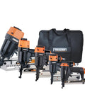 Heavy Duty Five Piece Pneumatic Nailer And Stapler Kit Delivering Gritty Power For Smooth Framing Finish Brad Jobs And No Sweat Weekend Warrior Projects with rugged canvas carry bag.