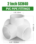 Five Way 2 Inch PVC Pipe Fittings White SCH40 Furniture Grade Connectors for DIY Projects with dimensions labeled