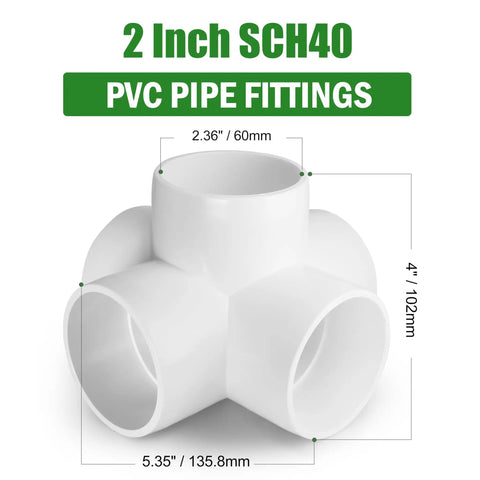Five Way 2 Inch PVC Pipe Fittings White SCH40 Furniture Grade Connectors for DIY Projects with dimensions labeled