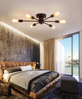 Bedroom with Six Light Sputnik Ceiling Light Dope Matte Black Semi Flush Mount Edison Chandelier Industrial Farmhouse Fixture
