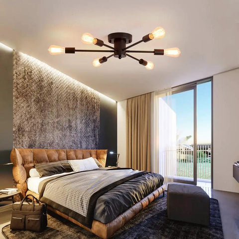 Bedroom with Six Light Sputnik Ceiling Light Dope Matte Black Semi Flush Mount Edison Chandelier Industrial Farmhouse Fixture