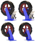 Four Pack Super Heavy Duty Swivel Caster Wheels With Brake Solid Rubber Tires On Rugged Steel Brackets set against a white background.