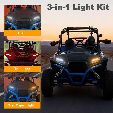 All In One UTV Turn Signal Kit With DRL And Red Running Lights, Plug And Play Prewired Blinker System With Sequential Signals in use