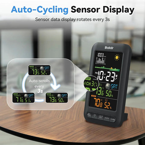 Wireless Indoor Outdoor Thermometer Weather Station With Remote Sensor Vertical Color Display on wooden table