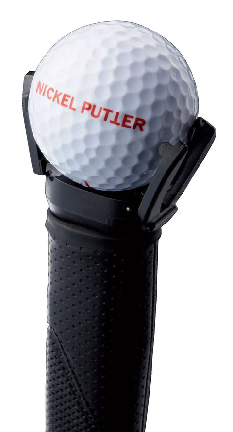Putter Attachable Golf Ball Pickup Tool In Black For Easy Post Putt Retrieval on putter grip with golf ball