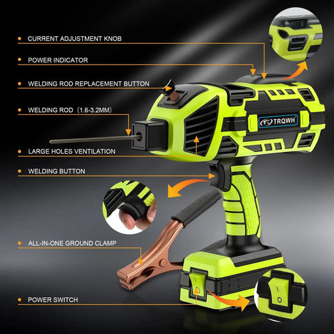 Diagram of Grab-And-Go 110V Portable Handheld Arc Welder for Home DIY Projects with parts labeled, 120 Amp tool, 3.9 lb weight