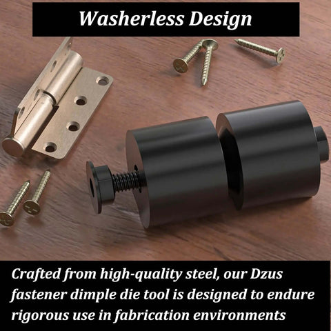 Beefy Dimple Die Tool for Dzus Fasteners in Metal Fabrication, shown with screws and hinge, black oxide finish