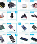 Uno R3 Project Starter Kit With Over 200 Components And 63 Modules Includes A 30 Lesson PDF Tutorial Compatible With Arduino IDE Hands On Fun For Beginners And DIY Prototyping, showing various electronic components and modules in a comparative layout.