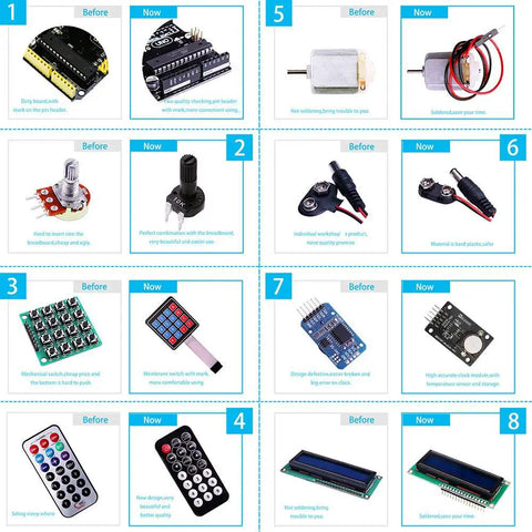 Uno R3 Project Starter Kit With Over 200 Components And 63 Modules Includes A 30 Lesson PDF Tutorial Compatible With Arduino IDE Hands On Fun For Beginners And DIY Prototyping, showing various electronic components and modules in a comparative layout.